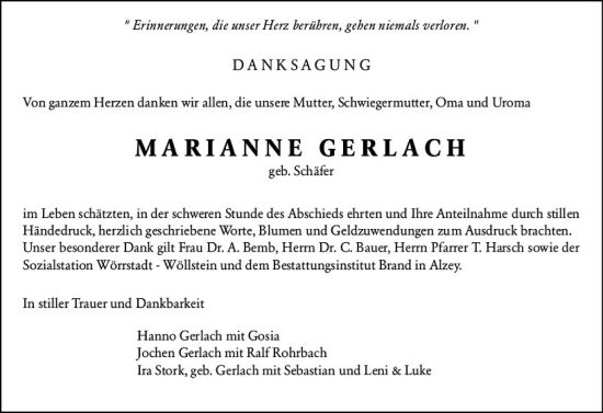 Traueranzeige von Marianne Gerlach von Allgemeine Zeitung Alzey