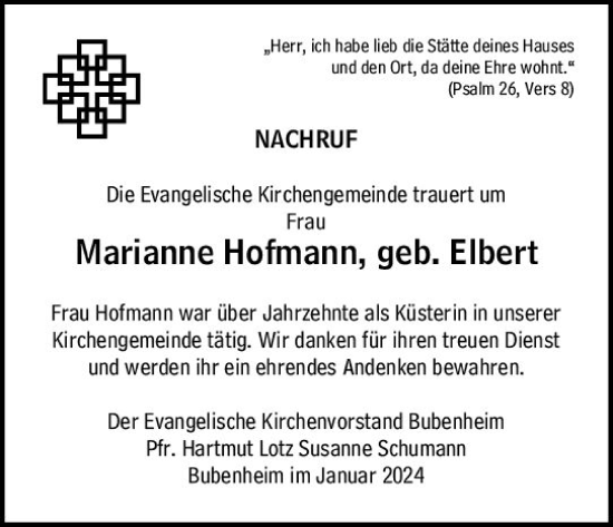 Traueranzeige von Marianne Hofmann von Allgemeine Zeitung Bingen/Ingelheim