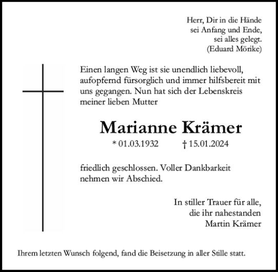 Traueranzeige von Marianne Krämer von Allgemeine Zeitung Bingen/Ingelheim