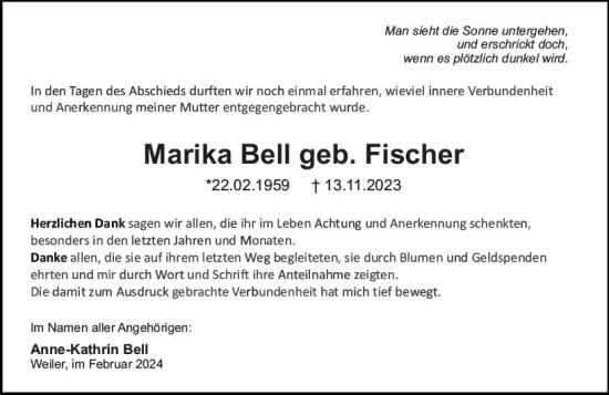 Traueranzeige von Marika Bell von Binger-/Ingelheimer Wochenblatt