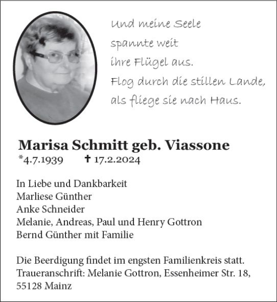 Traueranzeige von Marisa Schmitt von Allgemeine Zeitung Mainz