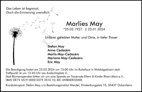 Traueranzeige von Marlies May von Allgemeine Zeitung Bingen/Ingelheim