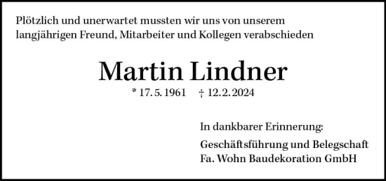 Traueranzeige von Martin Lindner von Allgemeine Zeitung Mainz