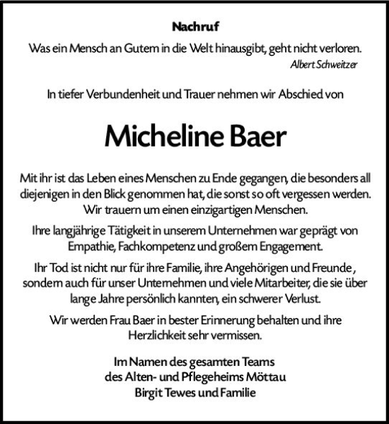 Traueranzeige von Micheline Baer von Weilburger Tageblatt