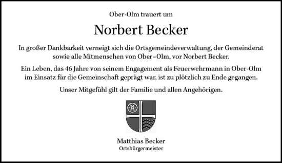 Traueranzeige von Norbert Becker von Allgemeine Zeitung Mainz