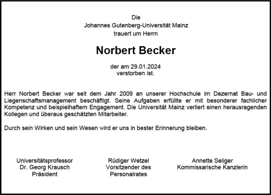 Traueranzeige von Norbert Becker von Allgemeine Zeitung Mainz