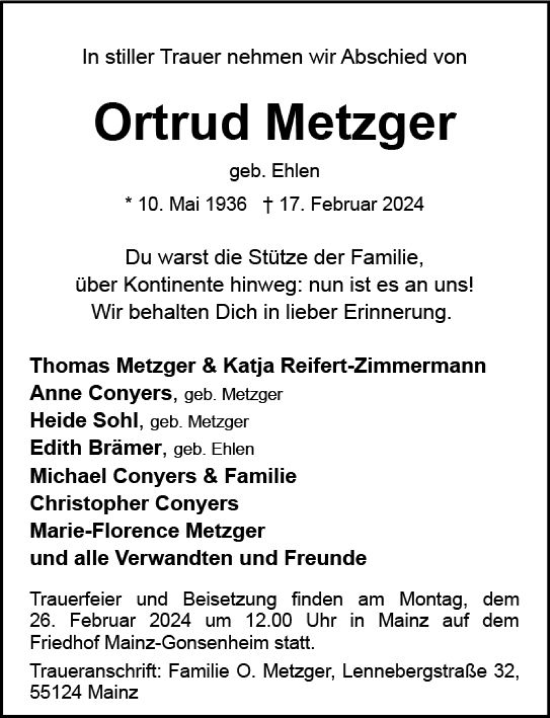 Traueranzeige von Ortrud Metzger von Allgemeine Zeitung Mainz