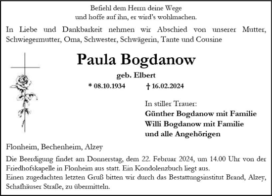 Traueranzeige von Paula Bogdanow von Allgemeine Zeitung Alzey