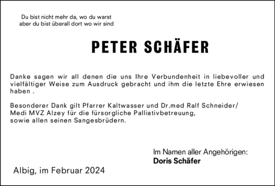 Traueranzeige von Peter Schäfer von Allgemeine Zeitung Alzey