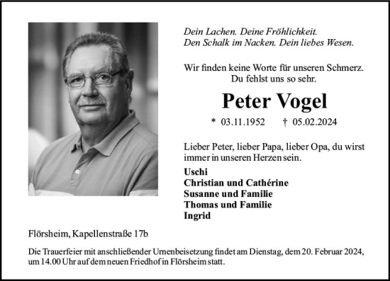Traueranzeige von Peter Vogel von Rüsselsheimer Echo