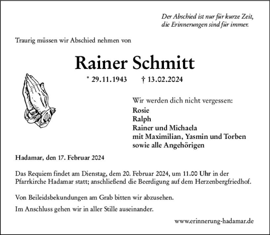Traueranzeige von Rainer Schmitt von Nassauische Neue Presse