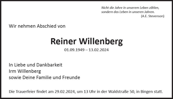 Traueranzeige von Reiner Willenberg von Binger-/Ingelheimer Wochenblatt