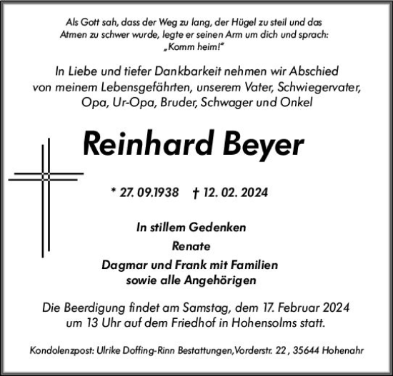 Traueranzeige von Reinhard Beyer von Wetzlarer Neue Zeitung