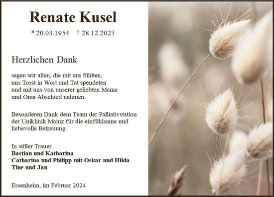 Traueranzeige von Renate Kusel von Allgemeine Zeitung Mainz