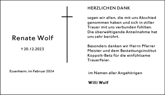 Traueranzeige von Renate Wolf von Allgemeine Zeitung Mainz