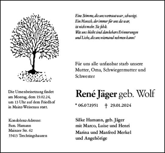 Traueranzeige von René Jäger von Wormser Zeitung