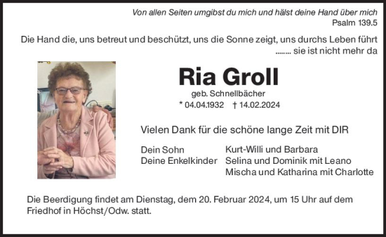 Traueranzeige von Ria Groll von Odenwälder Echo