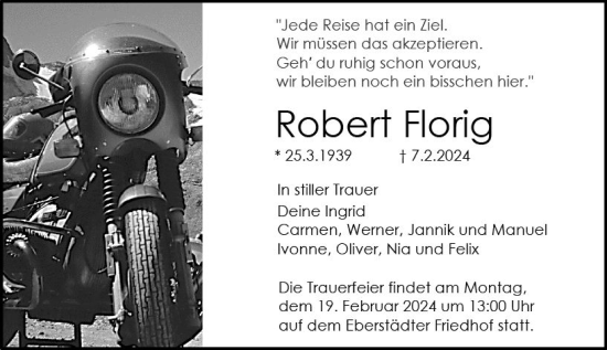 Traueranzeige von Robert Florig von Darmstädter Echo