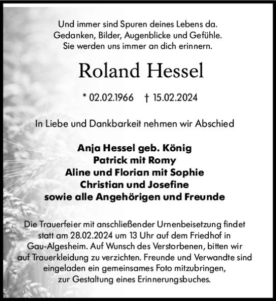 Traueranzeige von Roland Hessel von Allgemeine Zeitung Bingen/Ingelheim