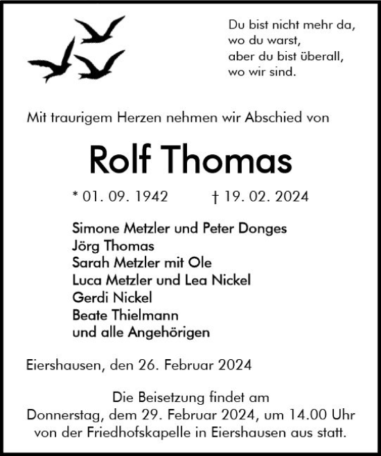 Traueranzeige von Rolf Thomas von Dill Block