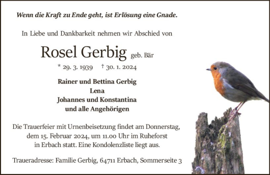 Traueranzeige von Rosel Gerbig von Odenwälder Echo