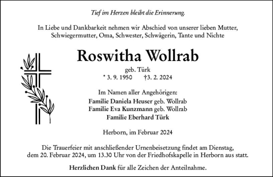 Traueranzeige von Roswitha Wollrab von Dill Block