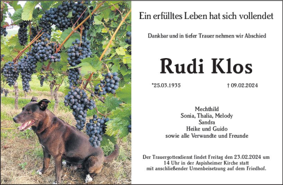 Traueranzeige von Rudi Klos von Allgemeine Zeitung Bingen/Ingelheim