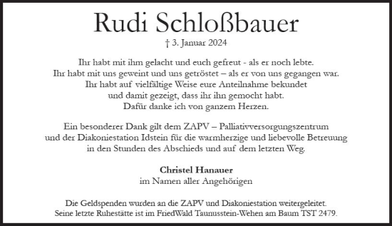 Traueranzeige von Rudi Schloßbauer von Wiesbadener Kurier
