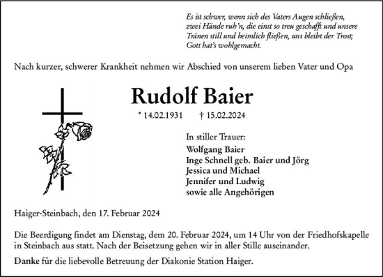 Traueranzeige von Rudolf Baier von Dill Block