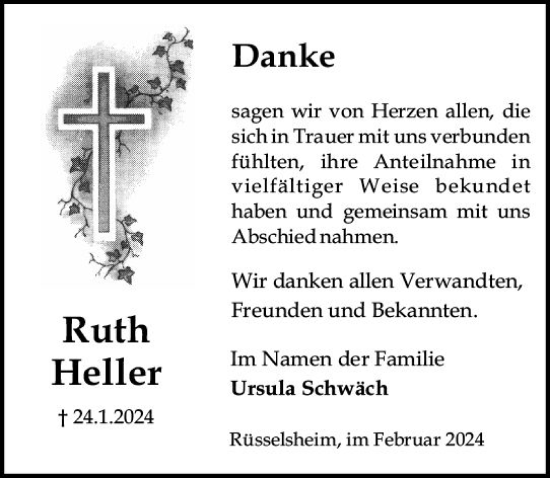 Traueranzeige von Ruth Heller von Rüsselsheimer Echo