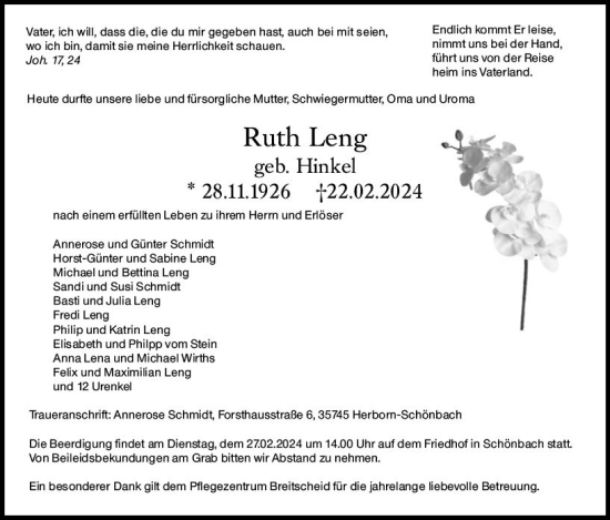 Traueranzeige von Ruth Leng von Dill Block