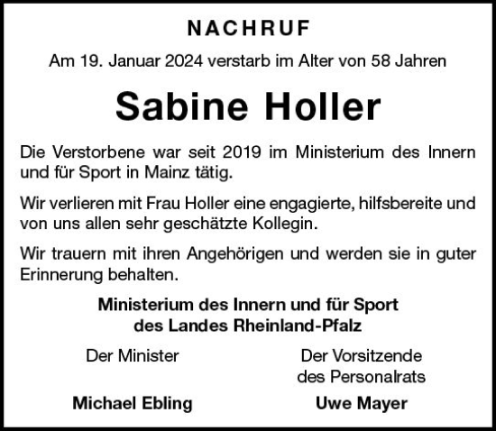 Traueranzeige von Sabine Holler von Allgemeine Zeitung Mainz
