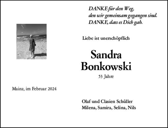 Traueranzeige von Sandra Bonkowski von Allgemeine Zeitung Mainz