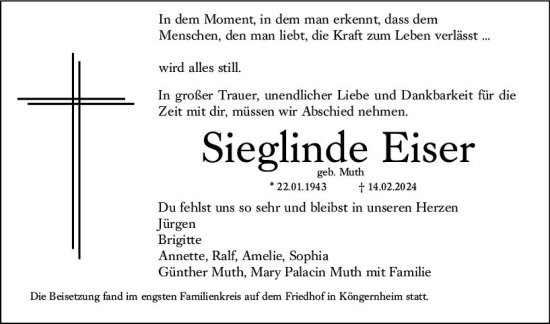 Traueranzeige von Sieglinde Eiser von Allgemeine Zeitung Mainz