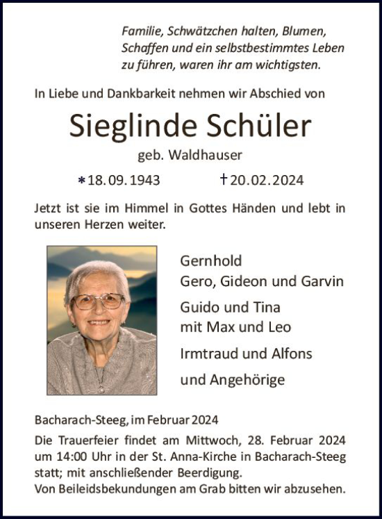 Traueranzeige von Sieglinde Schüler von Allgemeine Zeitung Bingen/Ingelheim