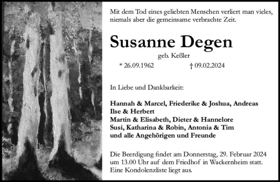 Traueranzeige von Susanne Degen von Allgemeine Zeitung Bingen/Ingelheim