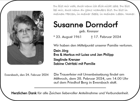 Traueranzeige von Susanne Dorndorf von Dill Block
