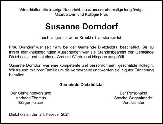 Traueranzeige von Susanne Dorndorf von Dill Block