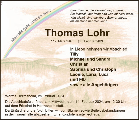 Traueranzeige von Thomas Lohr von Wormser Zeitung