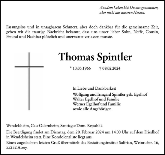 Traueranzeige von Thomas Spintler von Allgemeine Zeitung Alzey