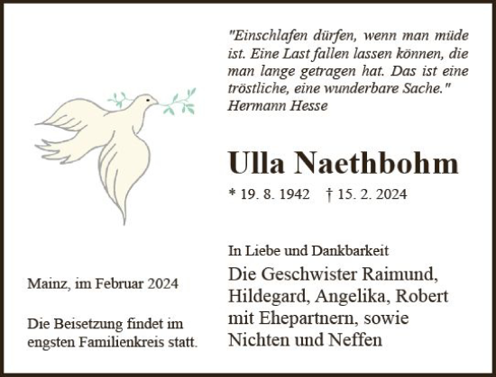 Traueranzeige von Ulla Naethbohm von Allgemeine Zeitung Mainz