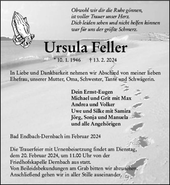 Traueranzeige von Ursula Feller von Hinterländer Anzeiger