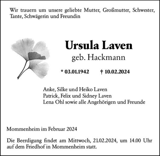 Traueranzeige von Ursula Laven von Allgemeine Zeitung Bingen/Ingelheim