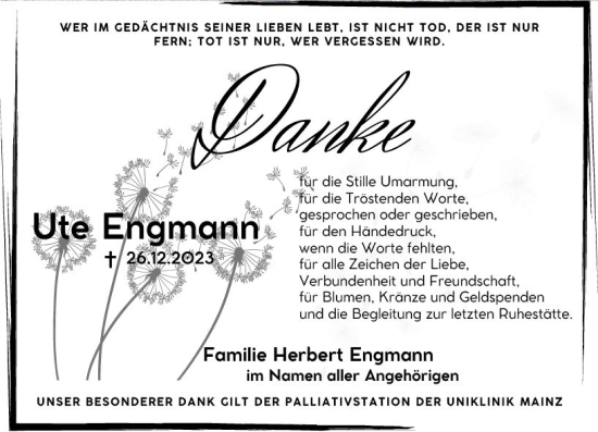 Traueranzeige von Ute Engmann von Allgemeine Zeitung Alzey
