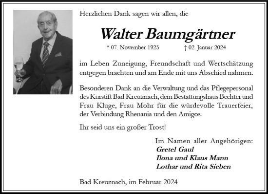 Traueranzeige von Walter Baumgärtner von Allgemeine Zeitung Bingen/Ingelheim