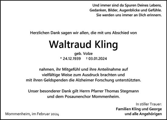 Traueranzeige von Waltraud Kling von Allgemeine Zeitung Mainz