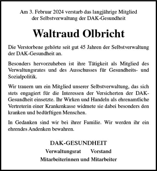 Traueranzeige von Waltraud Olbricht von Allgemeine Zeitung Bingen/Ingelheim