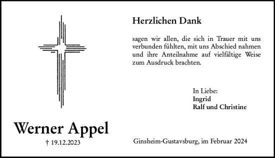 Traueranzeige von Werner Appel von Allgemeine Zeitung Mainz