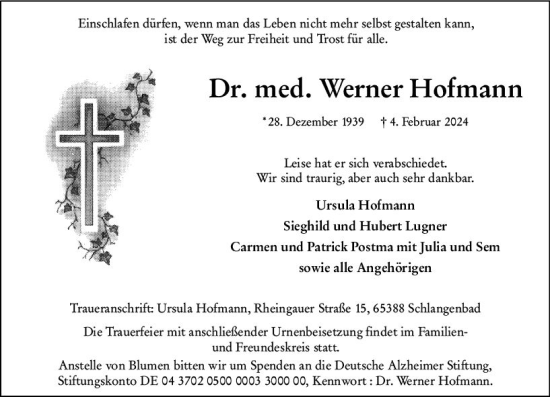 Traueranzeige von Werner Hofmann von Wiesbadener Kurier