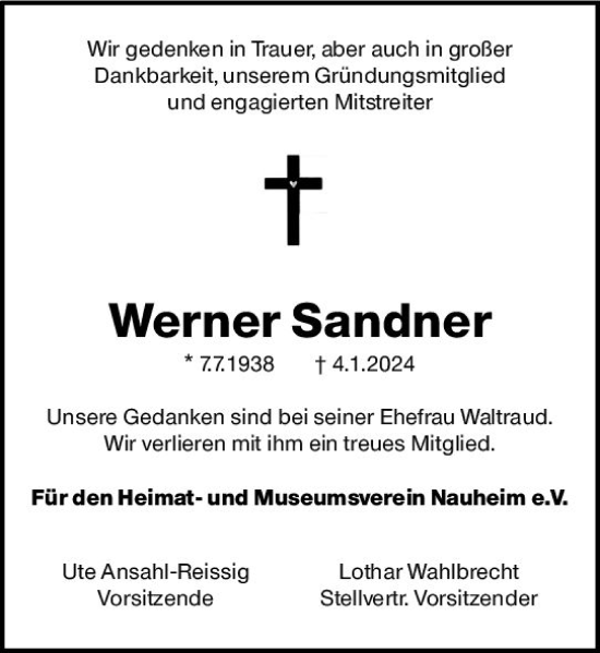 Traueranzeige von Werner Sandner von Rüsselsheimer Echo